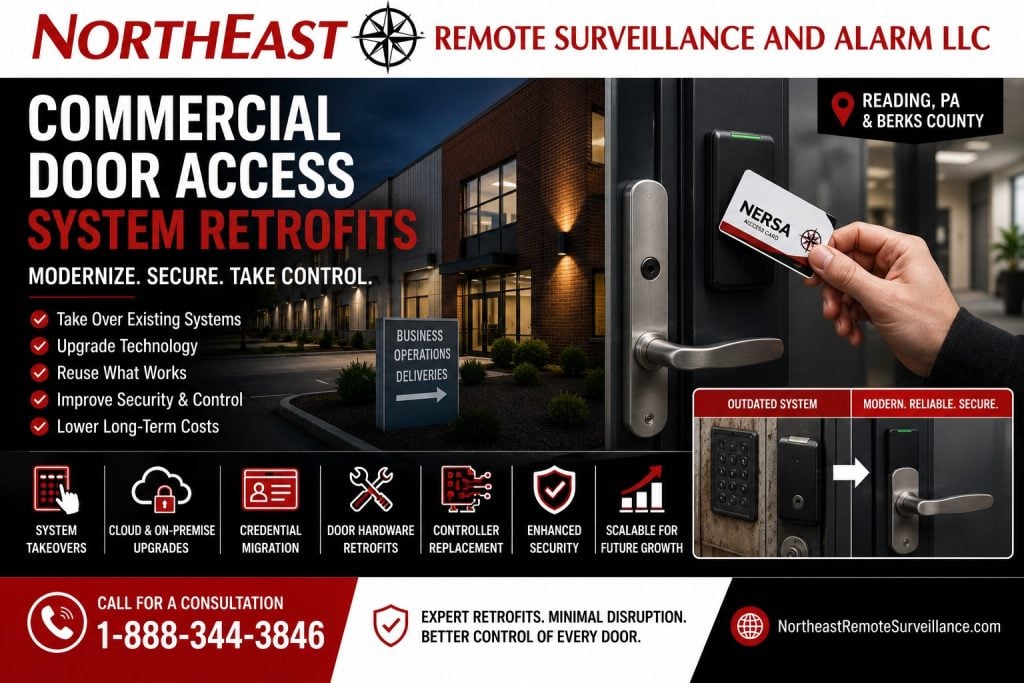 Commercial Door Access Control Retrofits in Reading PA NERSA Commercial door access system retrofits in Reading, PA, showing reader upgrades, credential migration, controller replacement, and modern electrified door hardware.