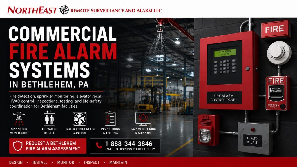 Commercial fire alarm system protecting a Bethlehem manufacturing and warehouse facility with sprinkler monitoring, elevator recall, HVAC control, and occupant notification.