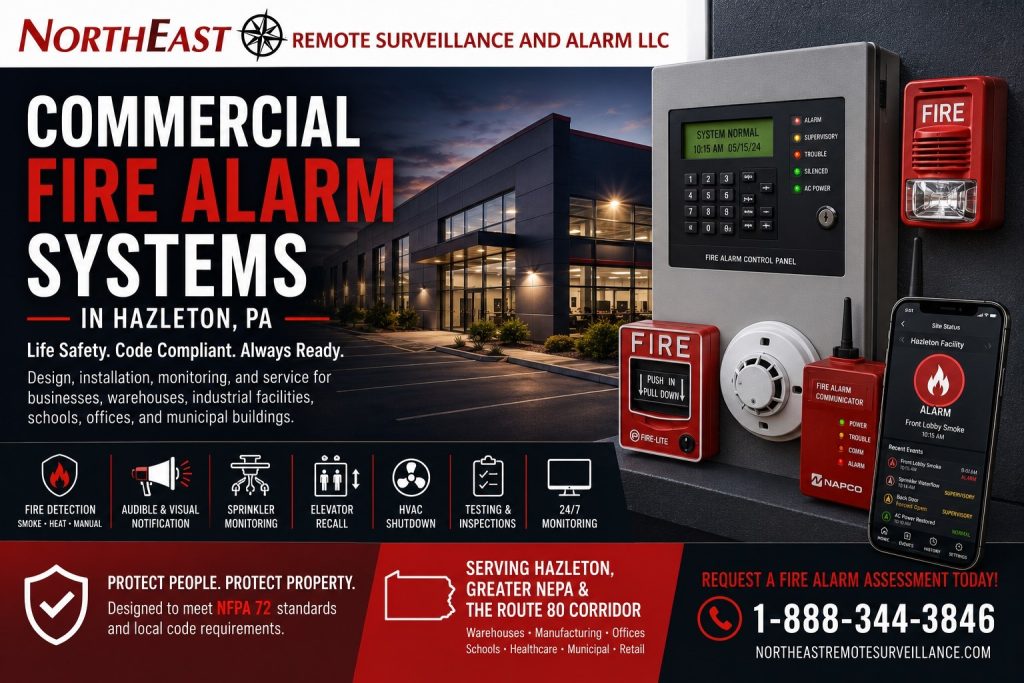 Commercial Fire Alarm Systems in Hazleton PA NERSA Hazleton commercial fire-alarm system with addressable control panel, horn strobe, pull station, sprinkler monitoring, communicator, and building-system interfaces.