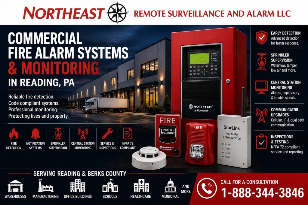 Commercial fire alarm systems and monitoring in Reading, PA, showing a fire panel, pull station, smoke detector, horn-strobe, communicator, and warehouse protection.