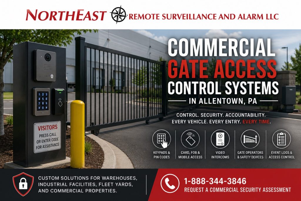 Commercial gate access control systems in Allentown, PA showing a sliding vehicle gate, keypad, card reader, video intercom, safety devices, gate camera, and Northeast Remote Surveillance and Alarm, LLC branding.