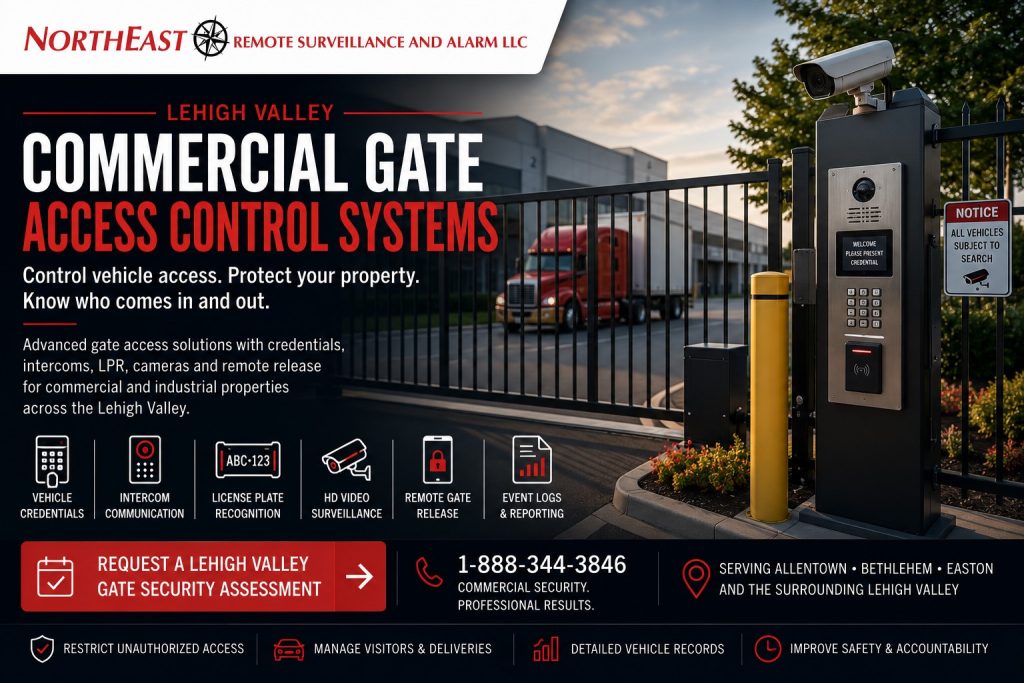 Commercial vehicle gate access control with credential reader, intercom and cameras at a Lehigh Valley industrial property