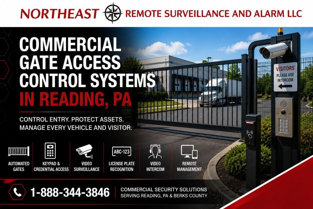 NERSA commercial gate access control systems in Reading, PA, featuring an automated vehicle gate, keypad and credential access, video surveillance, license plate recognition, video intercom, and remote management.