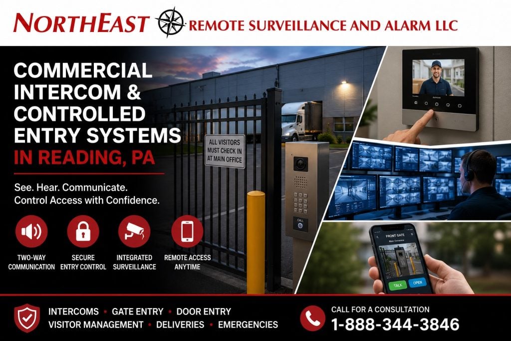 Commercial Intercom and Controllered Entry Systems in Reading PA NERSA Commercial intercom and controlled entry systems in Reading, PA, showing gate access, video intercom, remote mobile entry, and security monitoring.