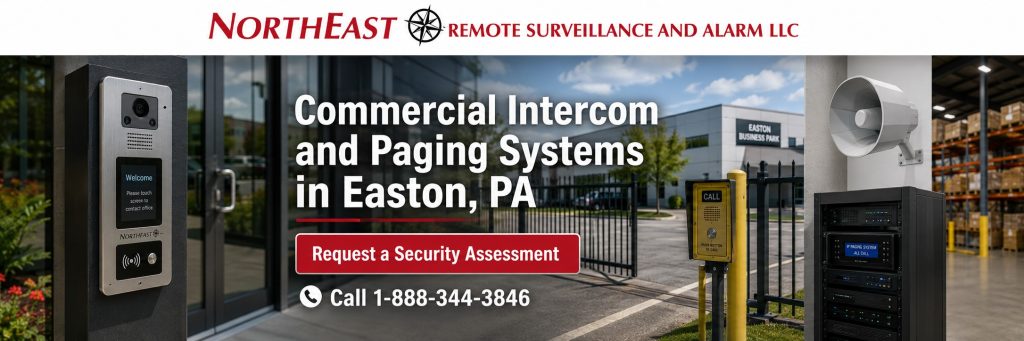 Commercial intercom and paging systems in Easton, PA with video entry intercom, gate call station, warehouse paging speaker, and NERSA branding.