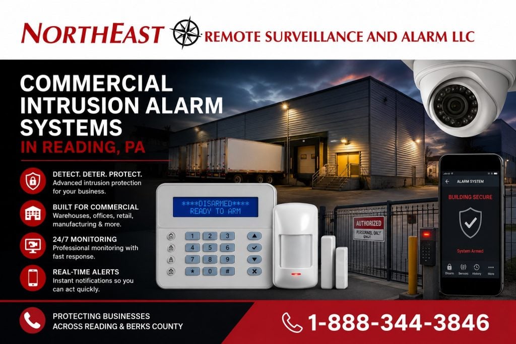Commercial intrusion alarm systems in Reading, PA, with warehouse protection, keypad, motion detector, door sensors, cameras, and mobile alerts.