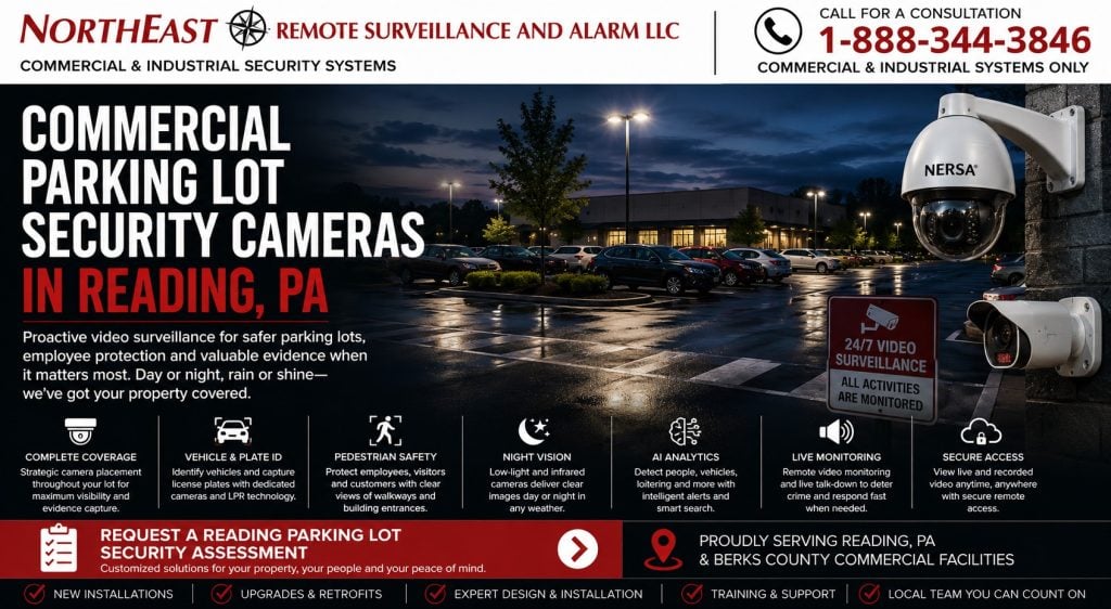 Commercial Parking Lot Security Cameras in Reading PA NERSA **Commercial parking lot security cameras in Reading, PA, monitoring vehicles, pedestrian areas, building entrances, and a well-lit business parking lot at night.**