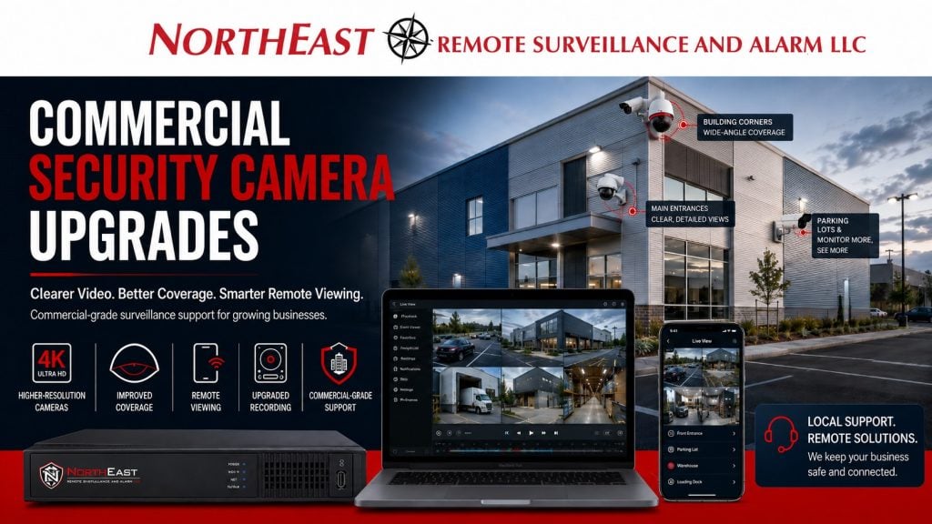 Commercial security camera upgrades by Northeast Remote Surveillance and Alarm, LLC showing upgraded building cameras, improved video coverage, remote viewing, recording equipment, and commercial-grade surveillance support.