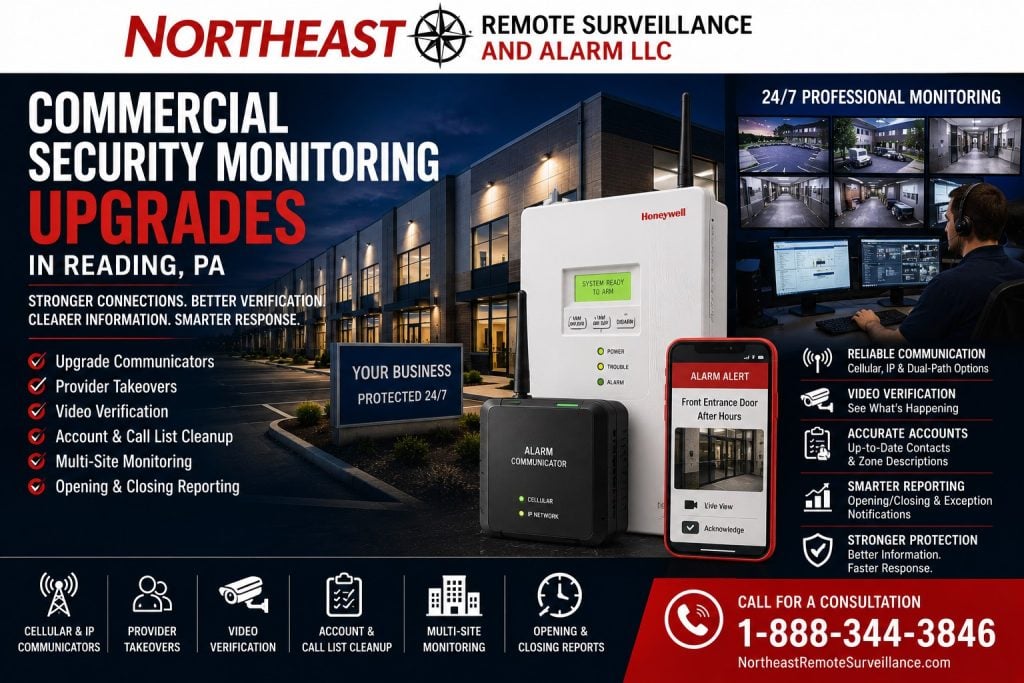 Commercial security monitoring upgrades in Reading, PA including communicator upgrades, monitoring-provider takeovers, video verification, account cleanup, and multi-site reporting.