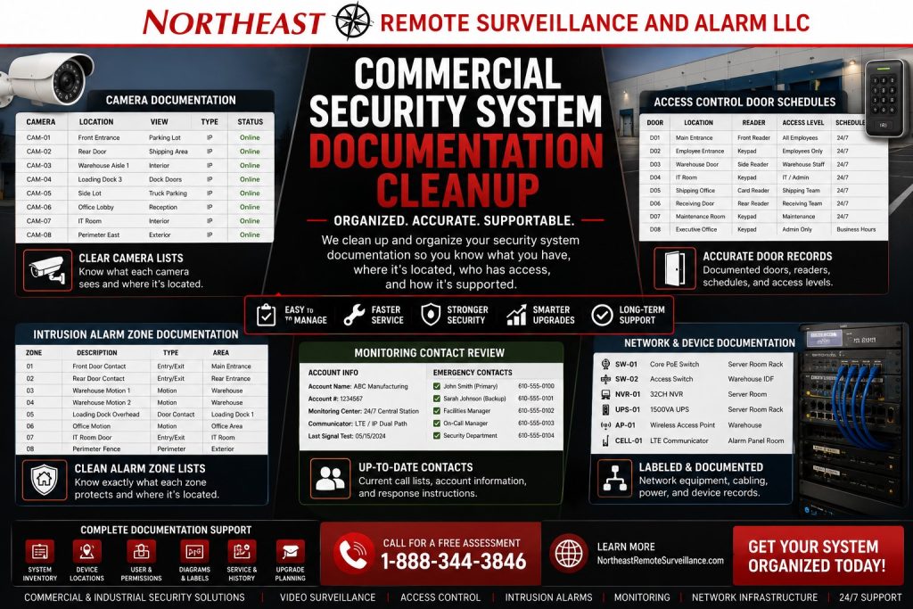 Commercial security system documentation cleanup by Northeast Remote Surveillance and Alarm, LLC showing security camera lists, access control door schedules, intrusion alarm zone documentation, monitoring contact review, network equipment labels, device records, and commercial-grade security support.