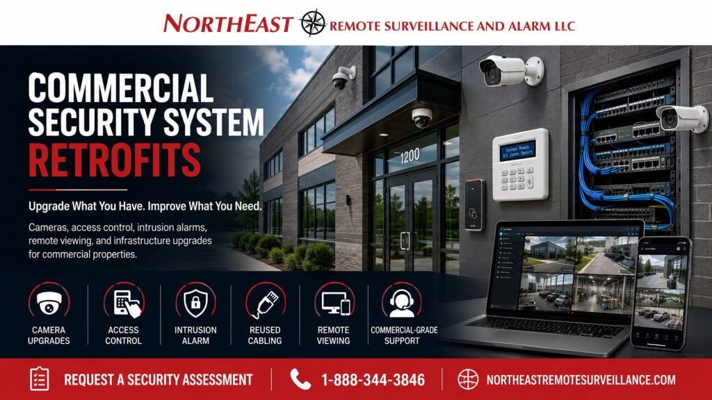 Commercial security system retrofits by Northeast Remote Surveillance and Alarm, LLC showing a commercial building upgraded with security cameras, access control readers, intrusion alarm devices, reused cabling, network equipment, remote viewing, and commercial-grade retrofit support.