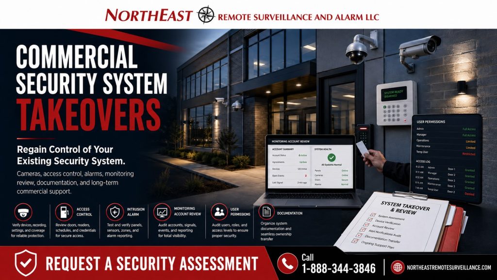 Commercial security system takeovers by Northeast Remote Surveillance and Alarm, LLC showing an existing commercial building with security cameras, access control readers, intrusion alarm panel, monitoring account review, user permissions, documentation, and commercial-grade takeover support.