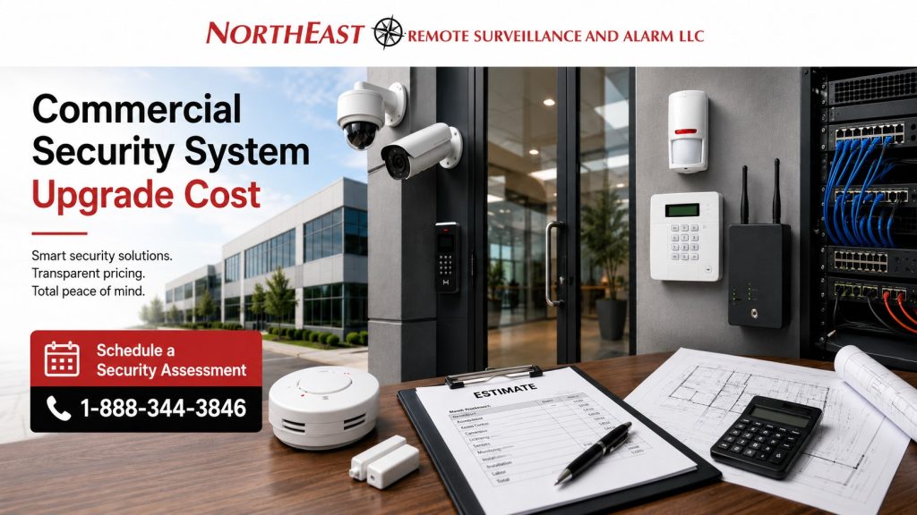 Commercial security system upgrade cost by Northeast Remote Surveillance and Alarm, LLC showing upgraded security cameras, access control readers, intrusion alarm devices, monitoring communicators, network equipment, cabling, cost planning, and commercial-grade security support.