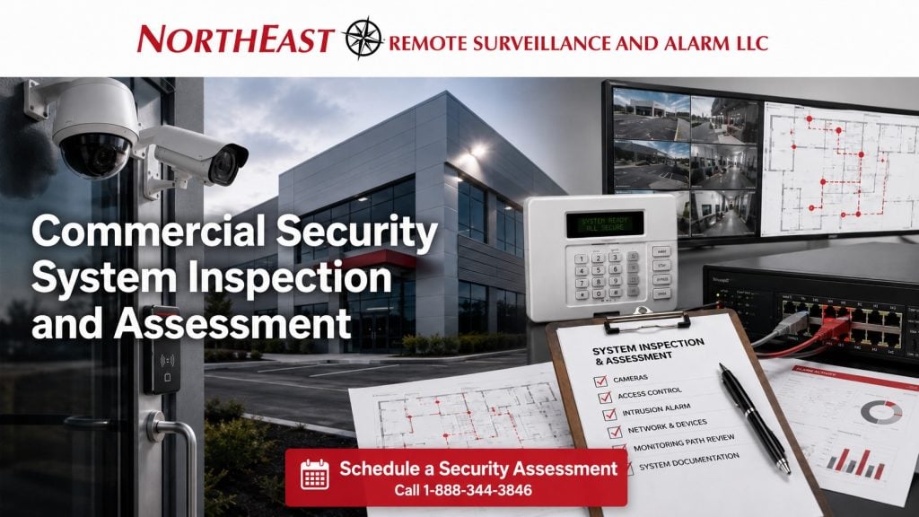Commercial security system inspection and assessment by Northeast Remote Surveillance and Alarm, LLC showing security cameras, access control readers, intrusion alarm panel, monitoring path review, network equipment, documentation checklist, and commercial-grade security support.