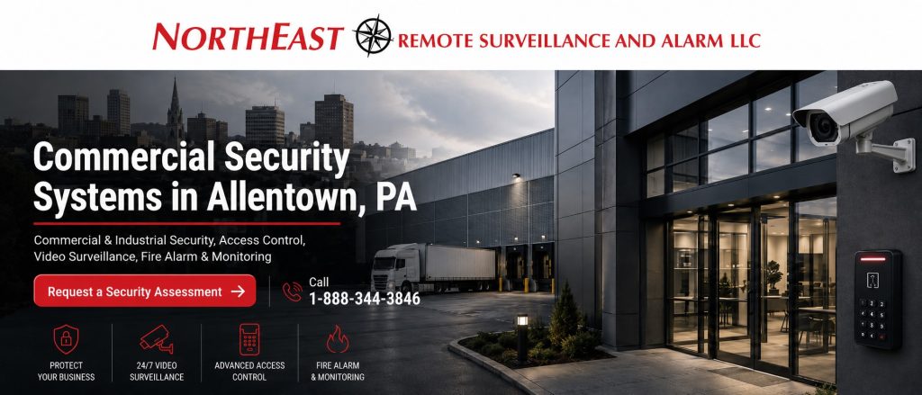 Commercial and industrial security systems in Allentown, PA with warehouse cameras, access control, alarm monitoring, video intercom, controlled gate and NERSA branding.