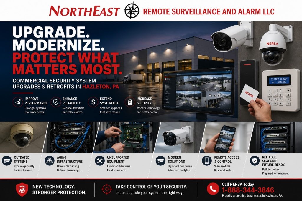Commercial Security Upgrades, Retrofits and Takeovers Hazelton PA NERSA Commercial security system upgrades and retrofits in Hazleton, PA, with surveillance cameras, access control, intrusion alarms, network infrastructure, and remote monitoring.
