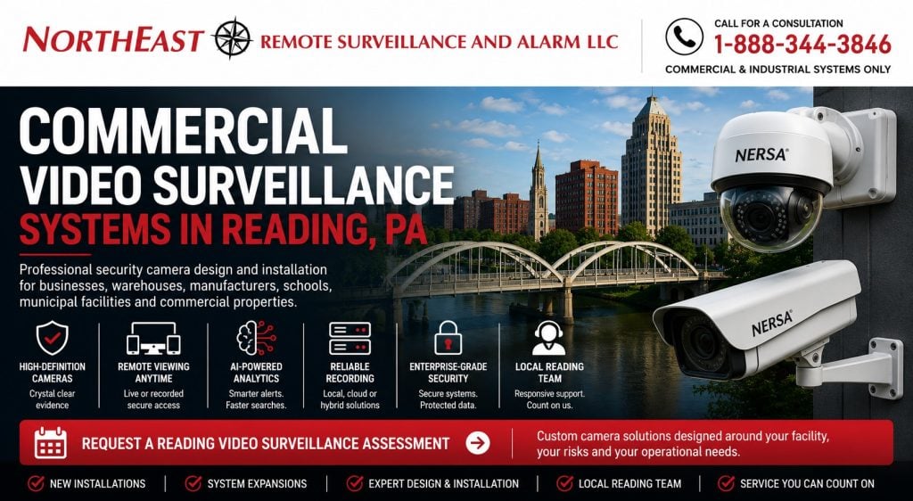 Commercial video surveillance systems in Reading, PA featuring business security cameras, AI video analytics, remote viewing, enterprise recording, and professional commercial security camera installation by Northeast Remote Surveillance and Alarm, LLC.