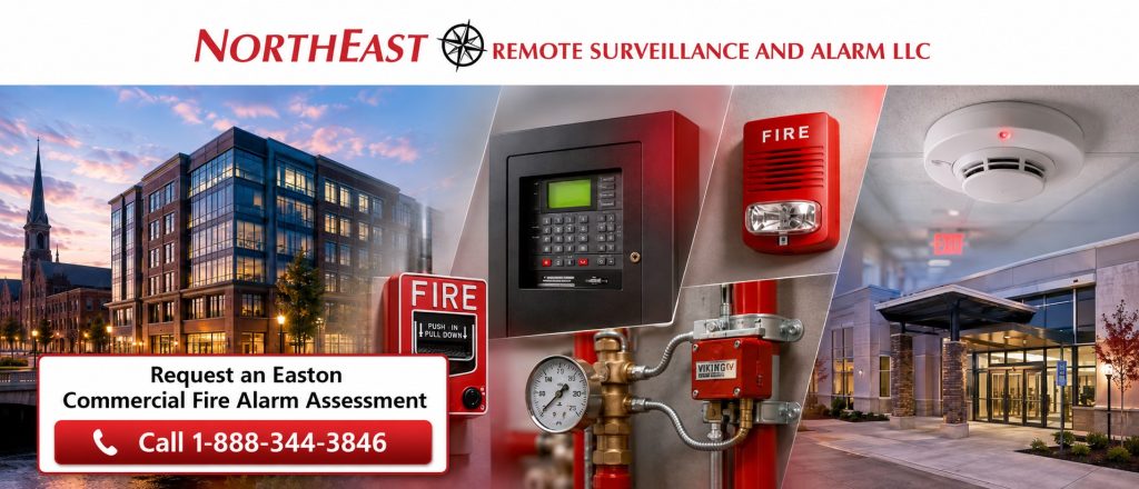 Commercial fire alarm systems in Easton, PA showing a fire alarm control panel, smoke detector, manual pull station, horn-strobe, sprinkler supervision, monitored communication, and Northeast Remote Surveillance and Alarm branding.
