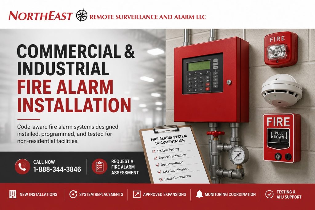 Commercial and Industrial Fire Alarm Systems NERSA Commercial fire alarm control panel, smoke detector, notification appliance, pull station, sprinkler monitoring, and system documentation