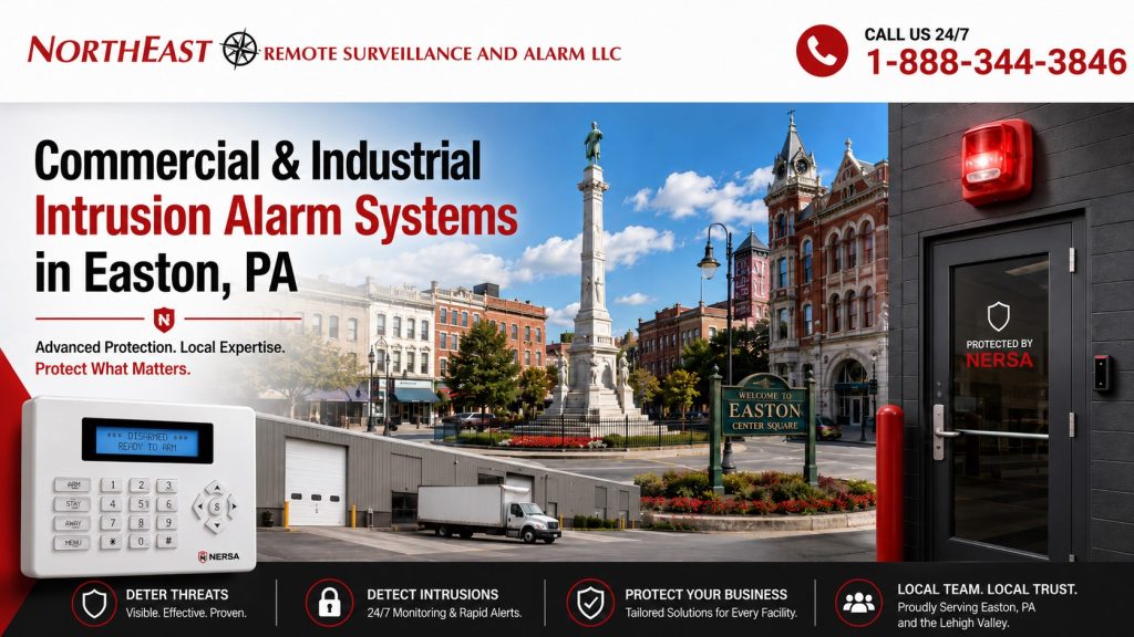 Commercial and Industrial Intrusio Alarm Systems Easton PA NERSA Commercial intrusion alarm system in Easton, PA with a Center Square backdrop, alarm keypad, protected business entrance, and NERSA branding.