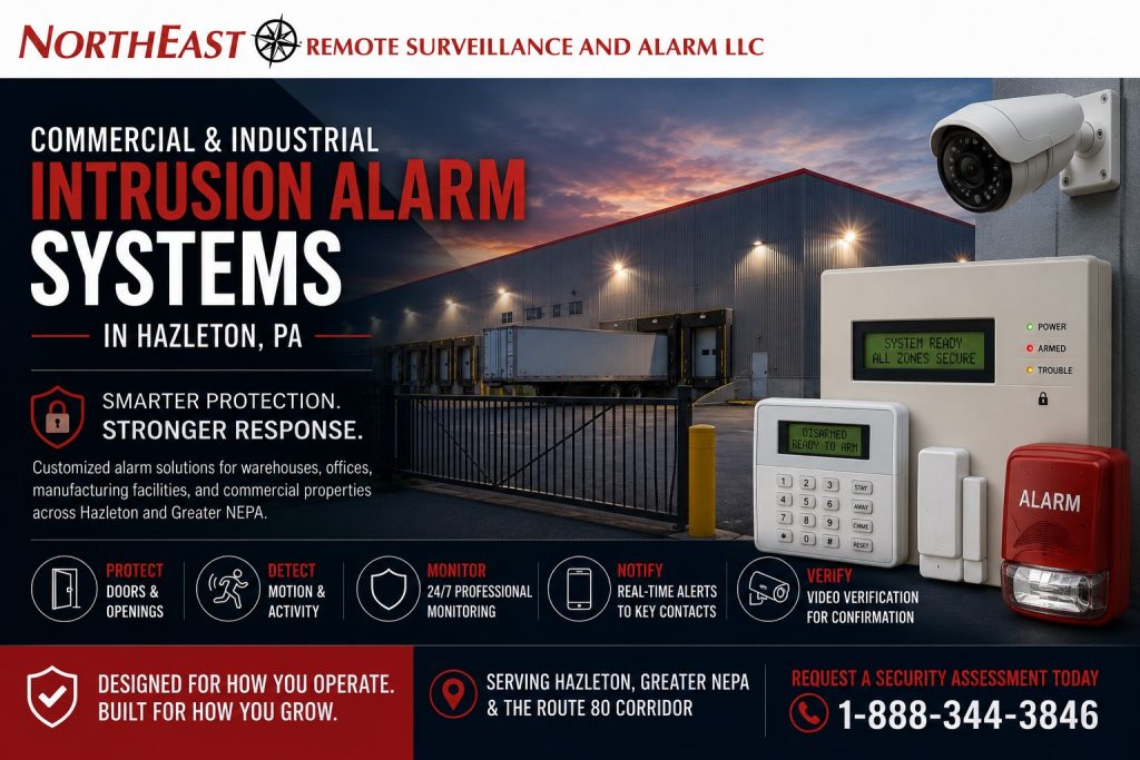 Commercial and Industrial Intrusion Alarm Systems in Hazelton PA NERSA Hazleton commercial intrusion-alarm system protecting warehouse doors, employee entrances, restricted rooms, offices, and after-hours zones with monitored alerts and video verification.