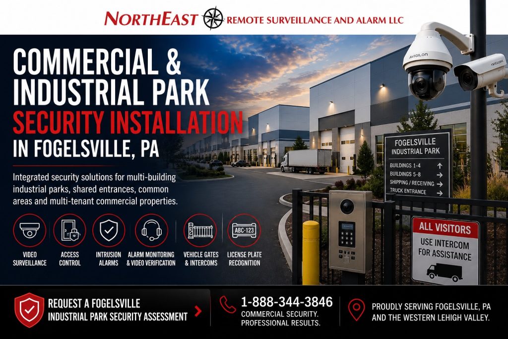 Multi-building industrial park security installation with cameras, access control, vehicle gates and monitored entrances in Fogelsville, Pennsylvania