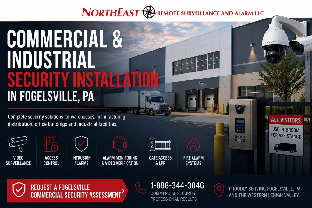 Commercial and Industrial Security Installtion in Fogelsville PA Commercial and industrial security installation for warehouses, manufacturing facilities and business properties in Fogelsville, Pennsylvania