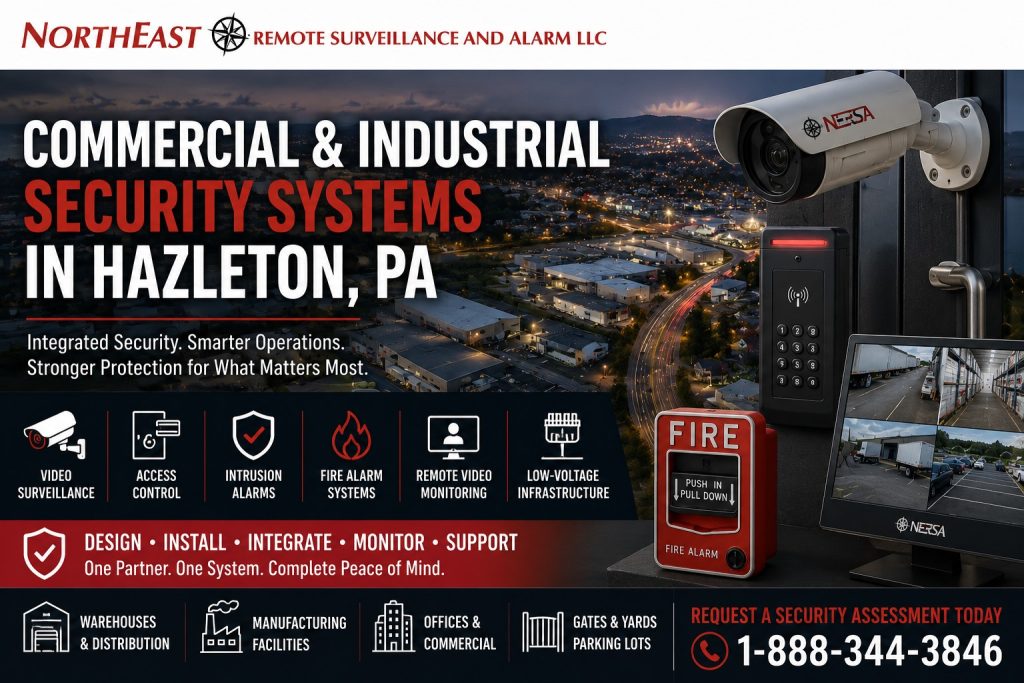 Commercial and Industrial Security Systems Hazleton PA NERSA Commercial and industrial security systems in Hazleton, PA with warehouse cameras, access control, fire-alarm equipment, remote monitoring, loading-dock coverage, and NERSA branding.