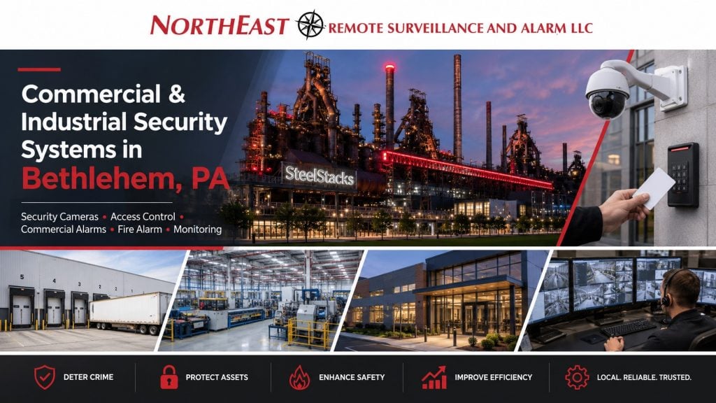 Commercial and Industrial Security Systems in Bethlehem PA NERSA Bethlehem commercial and industrial security systems with SteelStacks, video surveillance, access control, alarms, and gate security