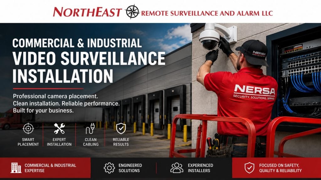 Commercial and industrial video surveillance installation showing a NERSA technician in a red shirt mounting a security camera with clean cabling and network equipment.