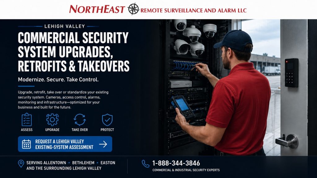 Commercial security system upgrade assessment for cameras, access control, alarms, network equipment and documentation in the Lehigh Valley