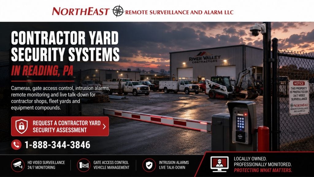 Contractor yard security systems in Reading, PA featuring a secured fleet and equipment yard with video surveillance, gate access control, intrusion alarms, remote monitoring, and live talk-down.