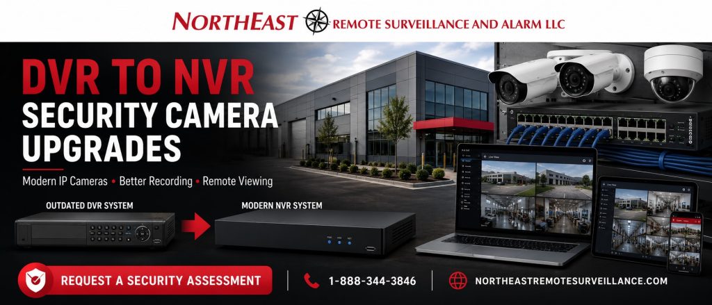 DVR to NVR security camera upgrades by Northeast Remote Surveillance and Alarm, LLC showing an older commercial DVR system upgraded to a modern NVR with IP cameras, PoE switches, network cabling, remote viewing, improved recording, and commercial-grade surveillance support.