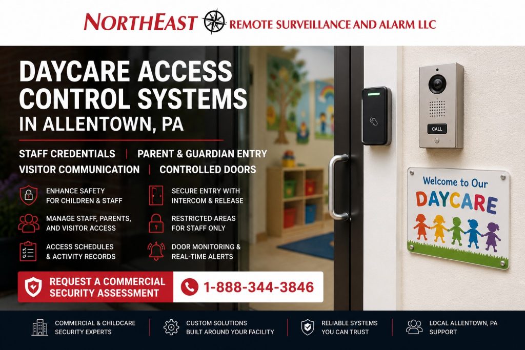 Daycare Access Control Systems Allentown PA NERSA Daycare access control systems in Allentown, PA showing a secured childcare entrance, staff credential reader, parent and visitor intercom, monitored commercial door, and Northeast Remote Surveillance and Alarm branding.