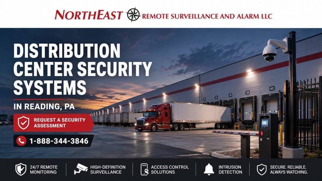 Ditribution Center Security Systems Reding PA “Distribution center security systems in Reading, PA featuring loading docks, tractor-trailers, gate access control, perimeter video surveillance, intrusion detection, and remote monitoring