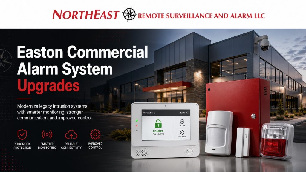 Easton commercial alarm system upgrade graphic showing alarm keypad, control panel, sensors, and NERSA branding for business security.