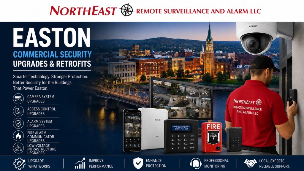 Easton commercial security upgrades and retrofits by Northeast Remote Surveillance and Alarm, LLC showing cameras, access control, alarm equipment, fire alarm communicator upgrades, low-voltage infrastructure, and a NERSA technician.