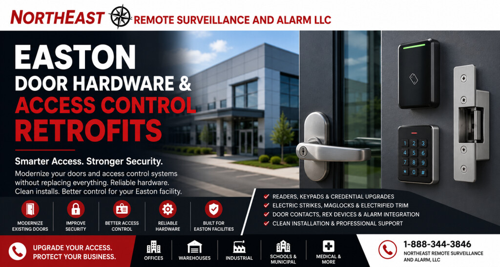 Easton Door Hardware and Access Control Retrofits hero by Northeast Remote Surveillance and Alarm, LLC showing a white NERSA logo banner, commercial building, access-controlled door handle, card reader, keypad, electric strike, and upgrade message.
