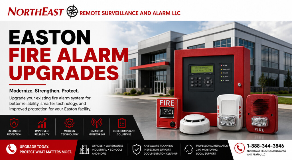 Easton PA Fire Alarm Upgrades NERSA Easton Fire Alarm Upgrades hero by Northeast Remote Surveillance and Alarm, LLC showing a white logo banner, commercial building, fire alarm control panel, pull station, smoke detector, horn strobe, and monitoring upgrade message.