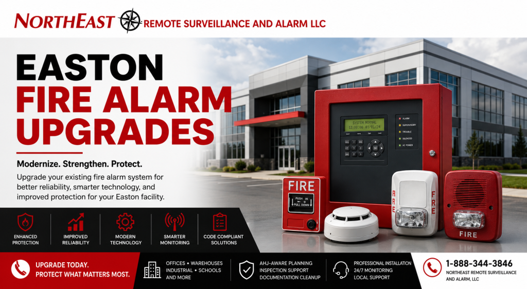 Easton Fire Alarm Upgrades hero by Northeast Remote Surveillance and Alarm, LLC showing a white logo banner, commercial building, fire alarm control panel, pull station, smoke detector, horn strobe, and monitoring upgrade message.