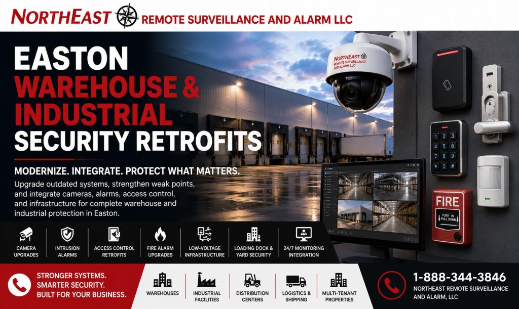 Easton Warehouse and Industrial Security Retrofits hero by Northeast Remote Surveillance and Alarm, LLC showing a white NERSA logo banner, warehouse loading docks, security cameras, access control hardware, intrusion alarm devices, fire alarm pull station, monitoring screen, and commercial retrofit message.