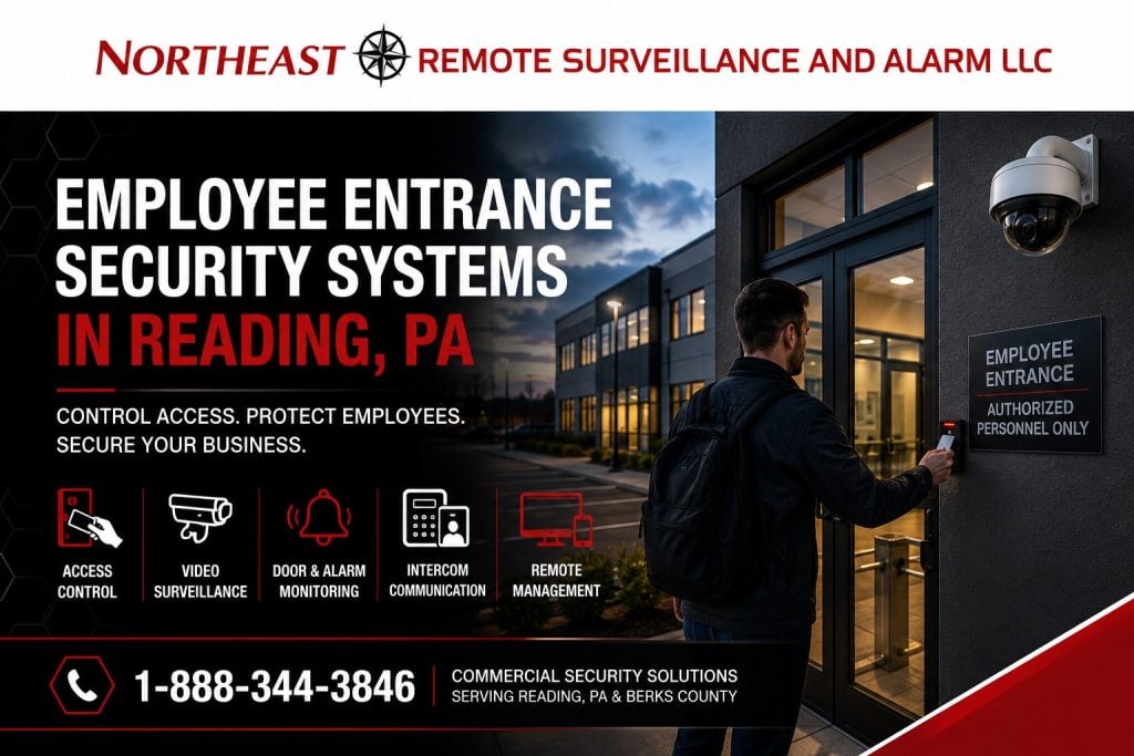 Employee Entrance Security Systems in Reading PA NERSA NERSA employee entrance security systems in Reading, PA, featuring access control, video surveillance, door and alarm monitoring, intercom communication, and remote management at a commercial facility.