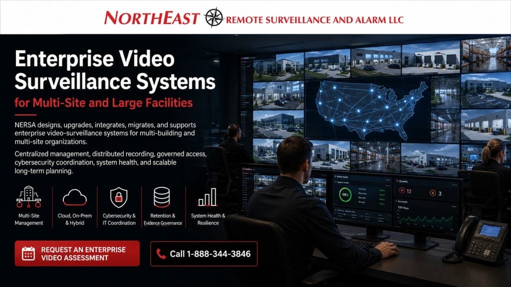 Enterprise security operations center managing video surveillance across multiple commercial and industrial facilities