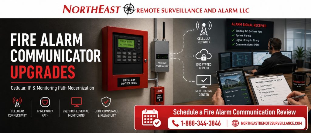 Fire alarm communicator upgrades by Northeast Remote Surveillance and Alarm, LLC showing a commercial fire alarm control panel, cellular fire alarm communicator, IP monitoring path, alarm signal testing, monitoring account review, documentation, and commercial life-safety support.