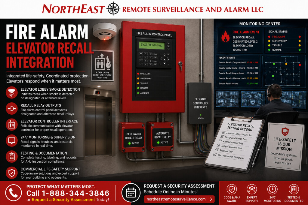 Fire alarm elevator recall integration by Northeast Remote Surveillance and Alarm, LLC showing commercial elevator lobby smoke detection, fire alarm control panel, recall relay modules, elevator controller interface, monitoring dashboard, testing documentation, and commercial life-safety support.