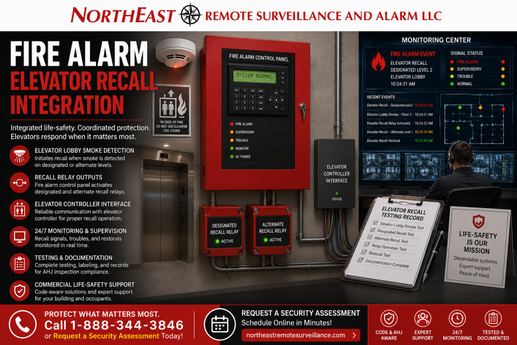 Fire alarm elevator recall integration by Northeast Remote Surveillance and Alarm, LLC showing commercial elevator lobby smoke detection, fire alarm control panel, recall relay modules, elevator controller interface, monitoring dashboard, testing documentation, and commercial life-safety support.