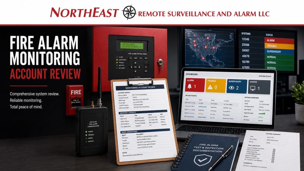 Fire alarm monitoring account review by Northeast Remote Surveillance and Alarm, LLC showing a commercial fire alarm control panel, monitoring account details, emergency contact list, signal descriptions, cellular communicator, monitoring center dashboard, testing documentation, and commercial life-safety support.