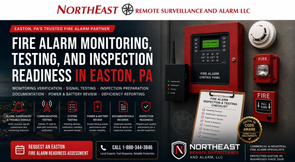 Fire alarm monitoring, testing, and inspection readiness in Easton, PA showing a commercial fire alarm panel, monitoring communicator, alarm and supervisory signal testing, backup batteries, inspection records, and Northeast Remote Surveillance and Alarm branding.