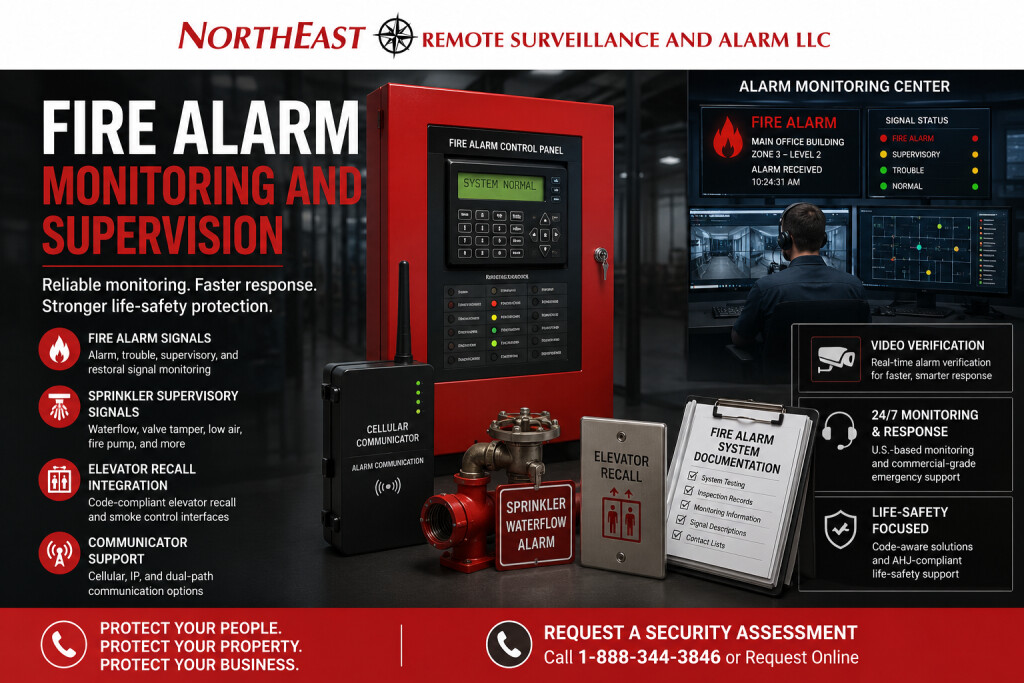 Fire alarm monitoring and supervision by Northeast Remote Surveillance and Alarm, LLC showing a commercial fire alarm control panel, cellular communicator, monitoring center dashboard, sprinkler supervisory signals, elevator recall integration, trouble signals, documentation, and commercial life-safety support.
