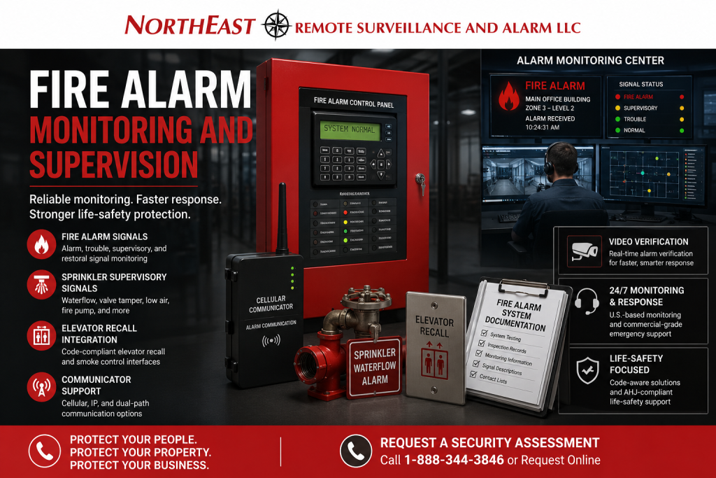 Fire alarm monitoring and supervision by Northeast Remote Surveillance and Alarm, LLC showing a commercial fire alarm control panel, cellular communicator, monitoring center dashboard, sprinkler supervisory signals, elevator recall integration, trouble signals, documentation, and commercial life-safety support.